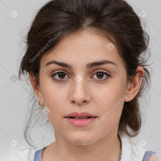 Neutral white young-adult female with medium  brown hair and brown eyes