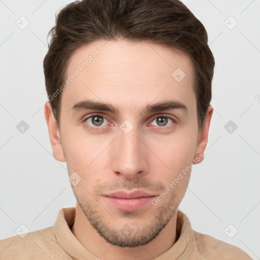 Neutral white young-adult male with short  brown hair and grey eyes