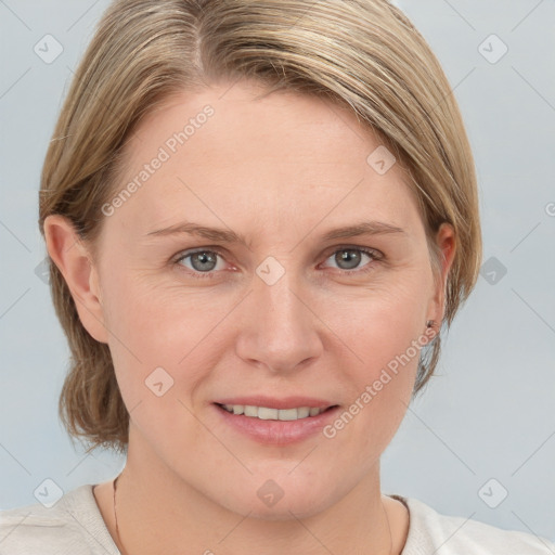 Joyful white young-adult female with medium  brown hair and blue eyes