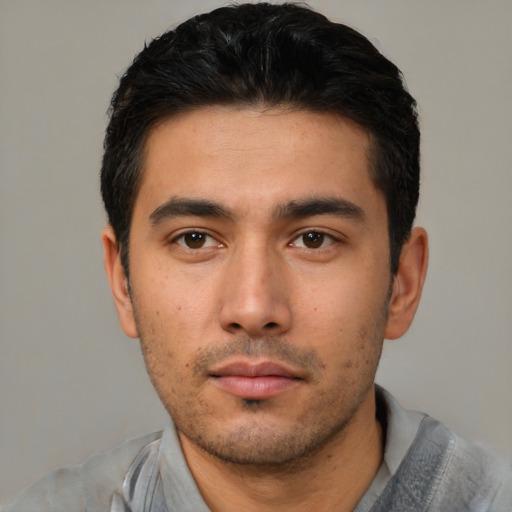 Neutral asian young-adult male with short  black hair and brown eyes