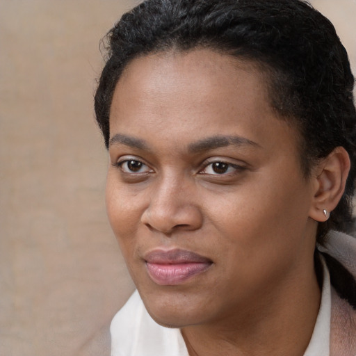 Joyful black young-adult female with short  black hair and brown eyes