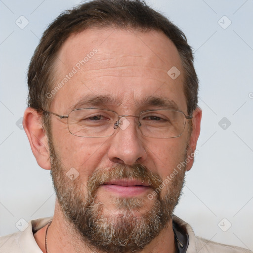 Neutral white adult male with short  brown hair and grey eyes