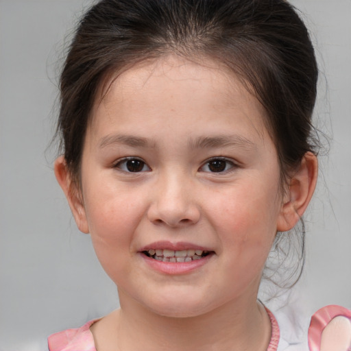 Joyful white child female with medium  brown hair and brown eyes
