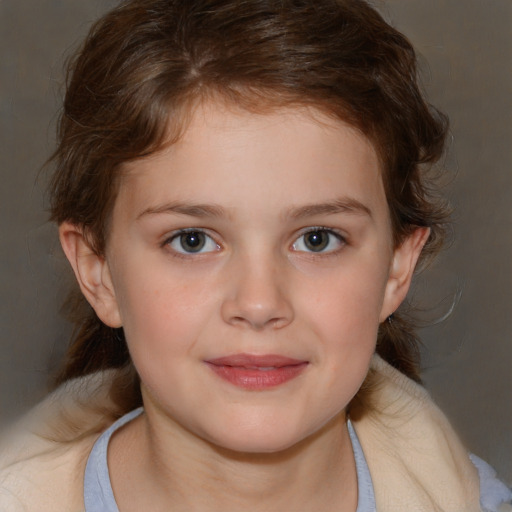 Joyful white child female with medium  brown hair and blue eyes