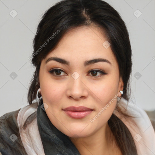 Joyful asian young-adult female with medium  brown hair and brown eyes