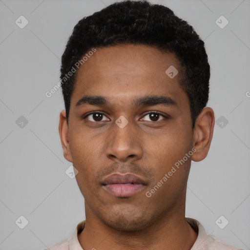 Neutral black young-adult male with short  black hair and brown eyes