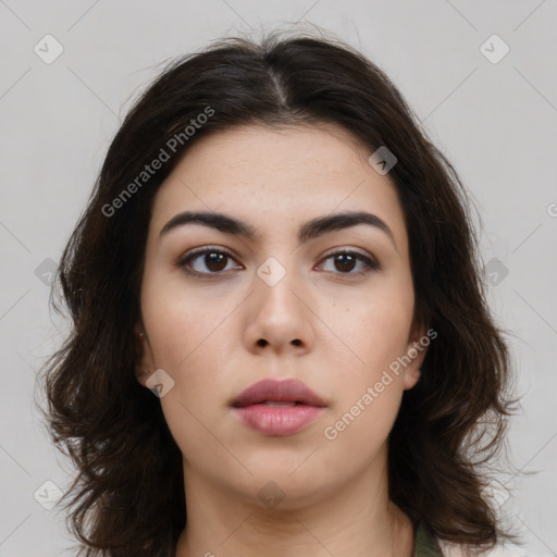 Neutral white young-adult female with medium  brown hair and brown eyes