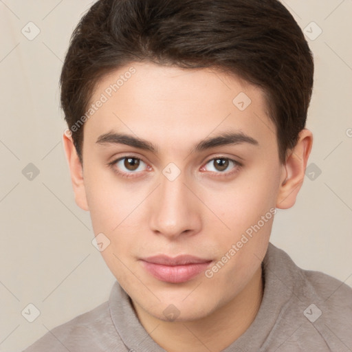 Neutral white young-adult male with short  brown hair and brown eyes