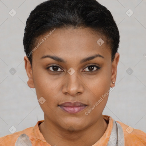 Joyful latino young-adult female with short  brown hair and brown eyes