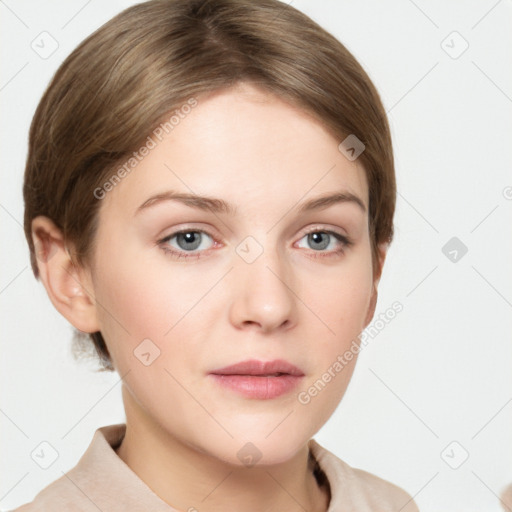 Neutral white young-adult female with short  brown hair and grey eyes