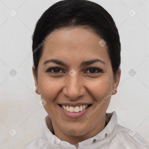 Joyful latino young-adult female with short  brown hair and brown eyes