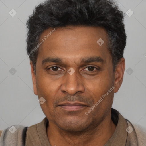 Neutral black adult male with short  black hair and brown eyes