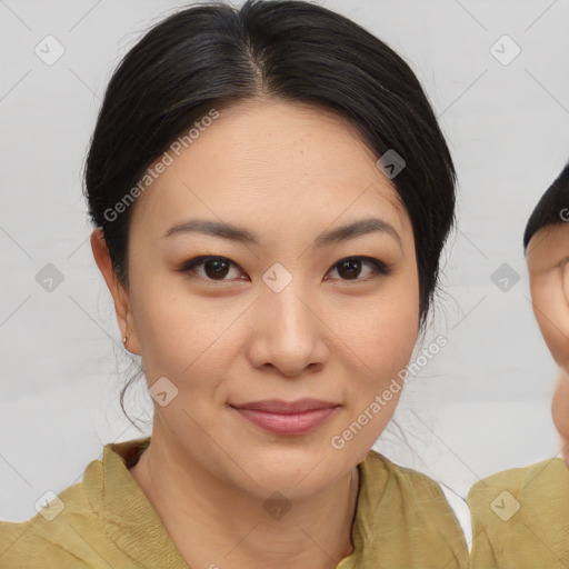 Joyful asian young-adult female with medium  brown hair and brown eyes