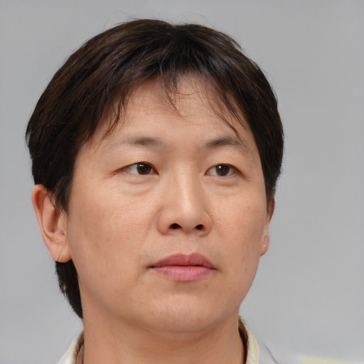 Neutral asian adult male with short  brown hair and brown eyes