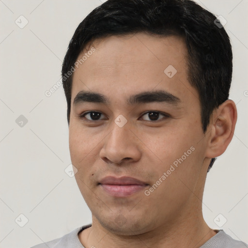 Neutral asian young-adult male with short  black hair and brown eyes