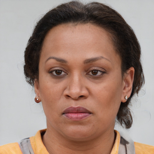 Joyful latino adult female with short  brown hair and brown eyes