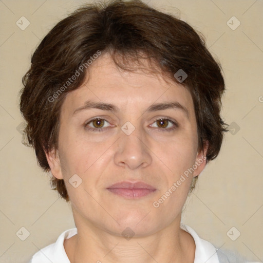 Joyful white adult female with short  brown hair and brown eyes