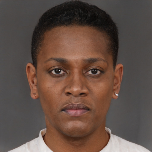 Neutral black young-adult male with short  brown hair and brown eyes