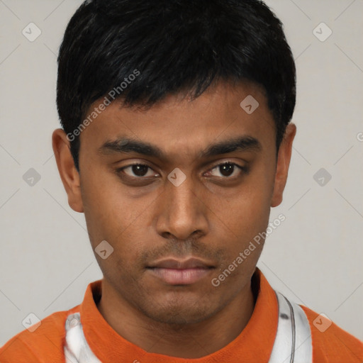 Neutral latino young-adult male with short  black hair and brown eyes