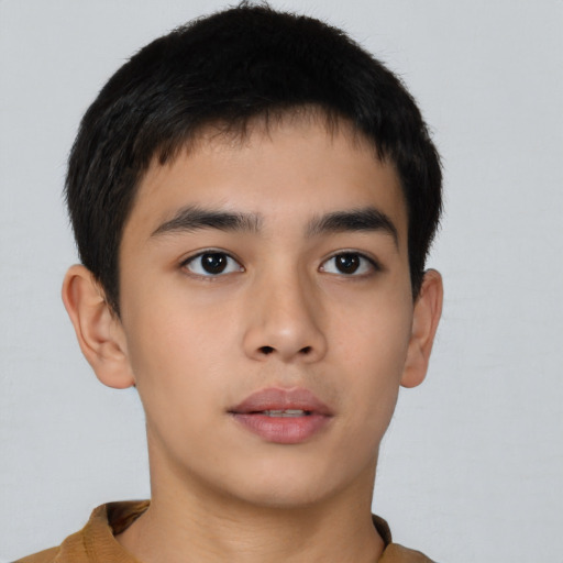 Neutral asian young-adult male with short  brown hair and brown eyes