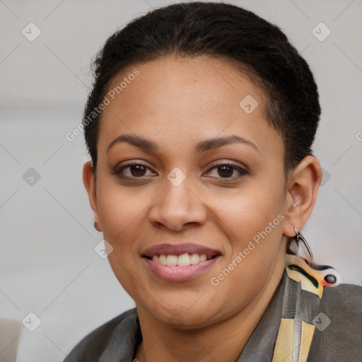 Joyful latino young-adult female with short  brown hair and brown eyes