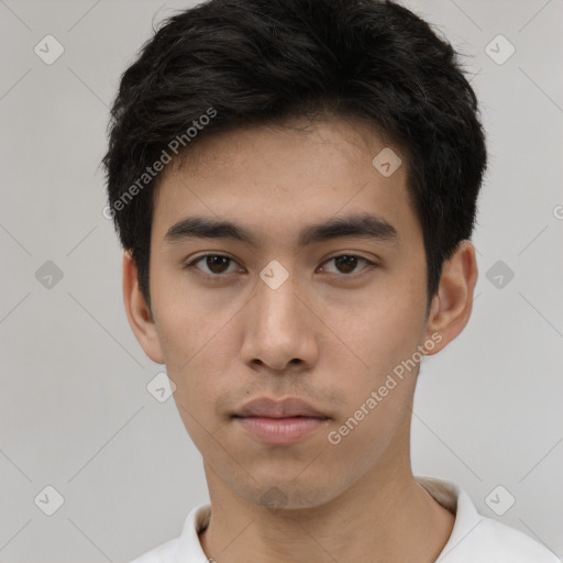 Neutral asian young-adult male with short  black hair and brown eyes