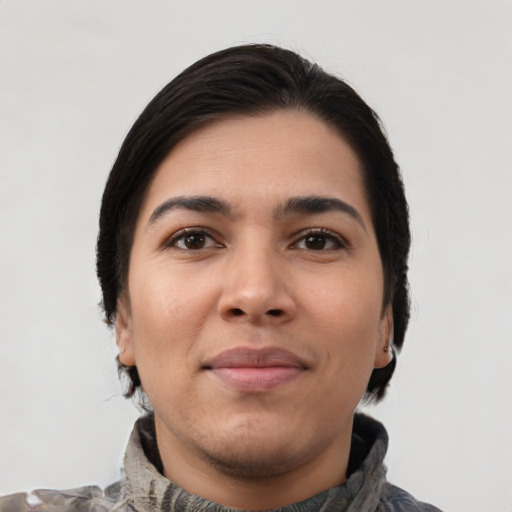 Neutral latino young-adult female with short  black hair and brown eyes