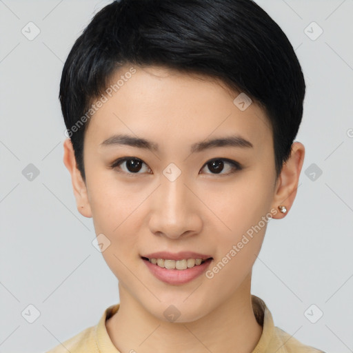 Joyful white young-adult female with short  black hair and brown eyes