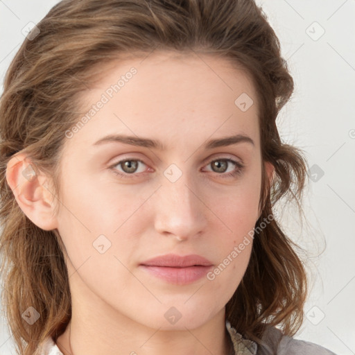 Neutral white young-adult female with medium  brown hair and grey eyes