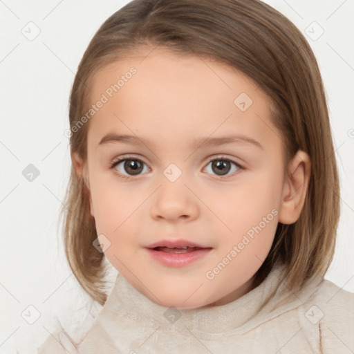 Joyful white child female with medium  brown hair and brown eyes