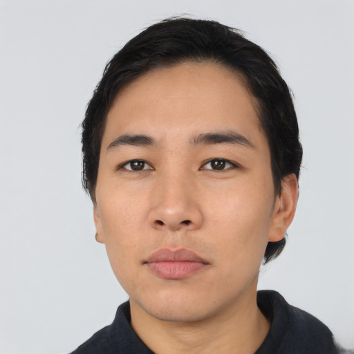 Neutral asian young-adult male with short  black hair and brown eyes