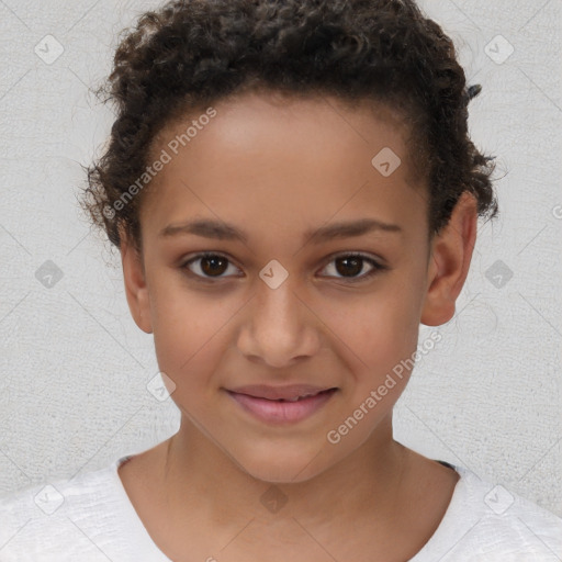 Joyful white child female with short  brown hair and brown eyes