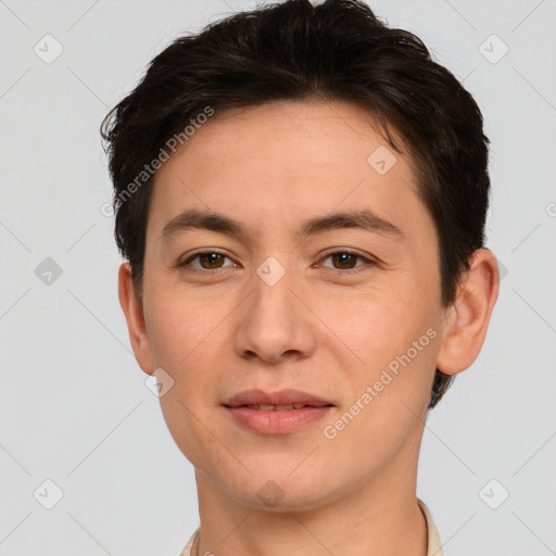 Joyful white young-adult male with short  brown hair and brown eyes