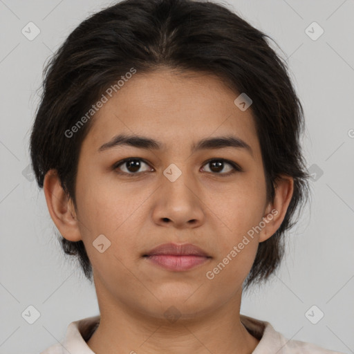 Neutral asian young-adult female with medium  brown hair and brown eyes