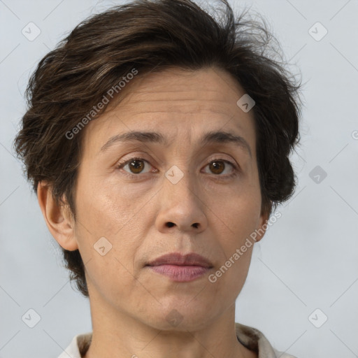 Joyful white adult female with short  brown hair and brown eyes