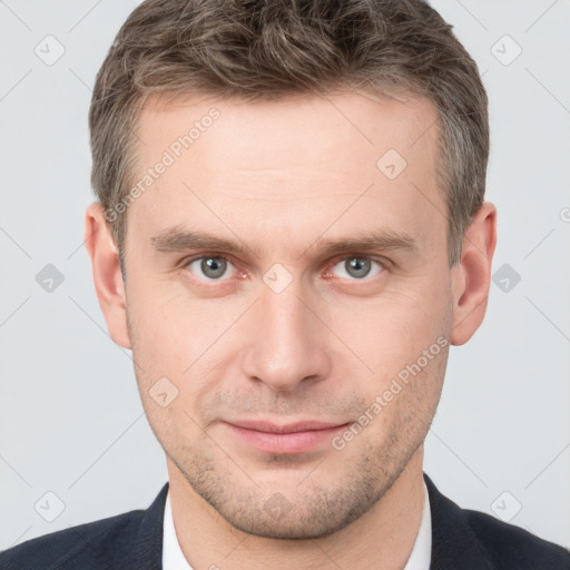 Neutral white young-adult male with short  brown hair and grey eyes