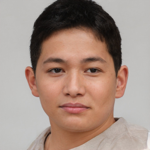 Neutral asian young-adult male with short  brown hair and brown eyes