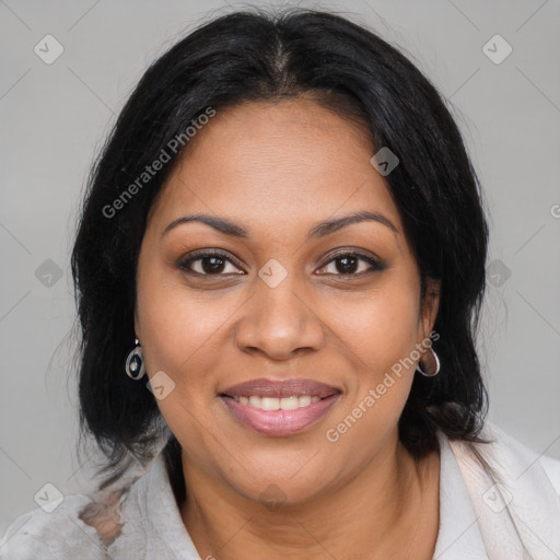 Joyful black young-adult female with medium  brown hair and brown eyes