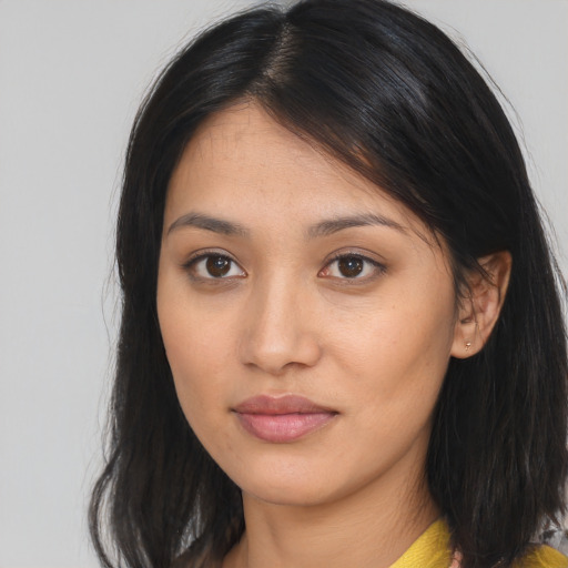 Neutral asian young-adult female with long  brown hair and brown eyes
