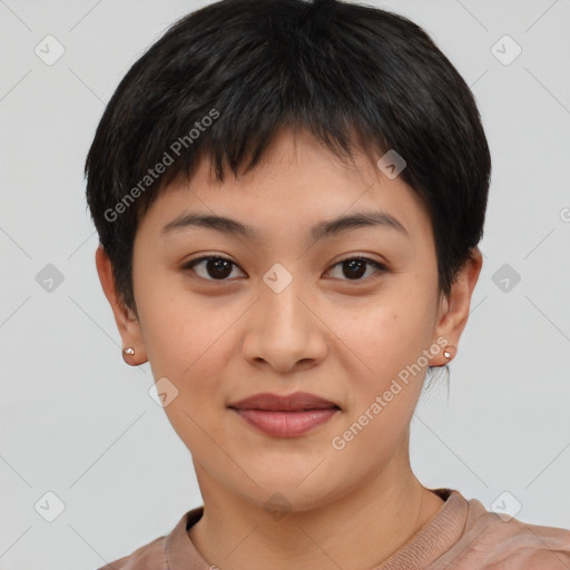 Joyful asian young-adult female with short  brown hair and brown eyes