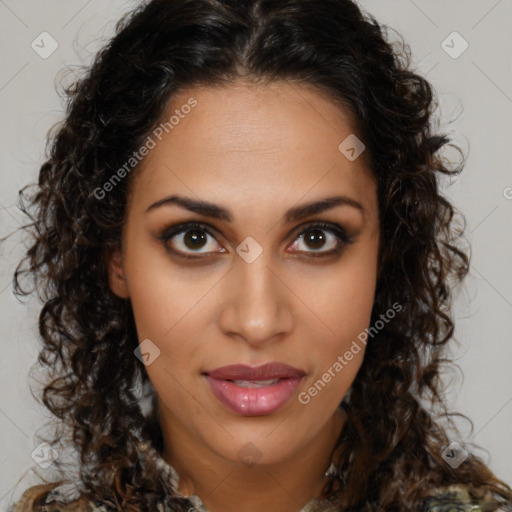 Joyful latino young-adult female with medium  brown hair and brown eyes