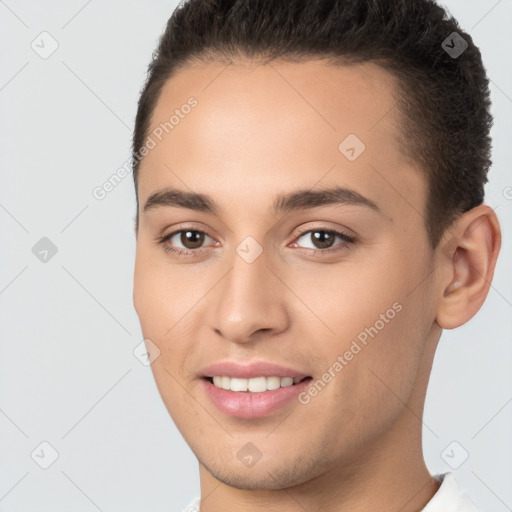 Joyful white young-adult female with short  brown hair and brown eyes