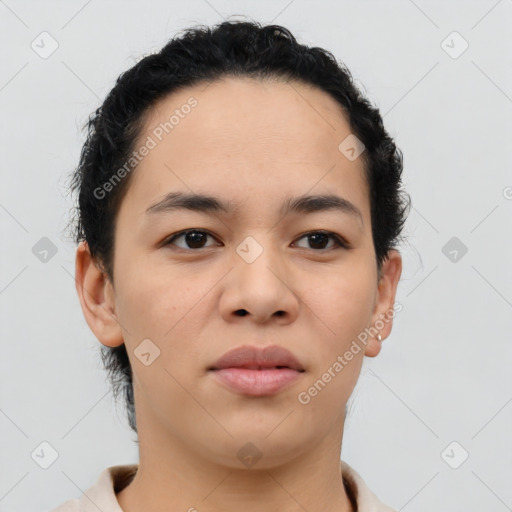 Neutral asian young-adult female with short  brown hair and brown eyes