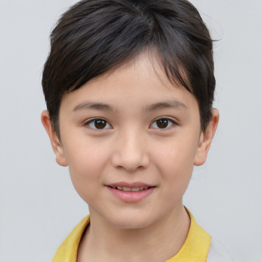 Joyful white child female with short  brown hair and brown eyes