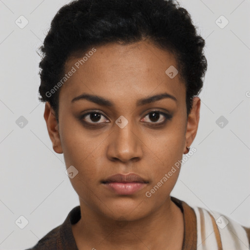 Neutral black young-adult female with short  black hair and brown eyes