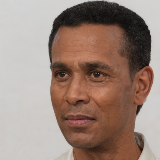 Joyful black adult male with short  black hair and brown eyes