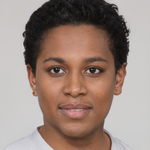 Neutral black young-adult female with short  black hair and brown eyes