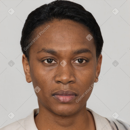 Neutral black young-adult male with short  black hair and brown eyes