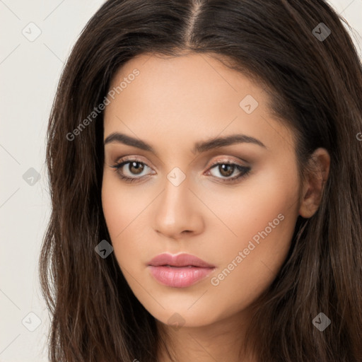 Neutral white young-adult female with long  brown hair and brown eyes