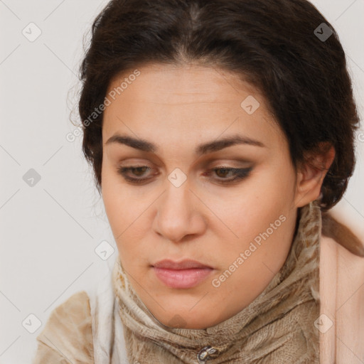 Neutral white young-adult female with medium  brown hair and brown eyes